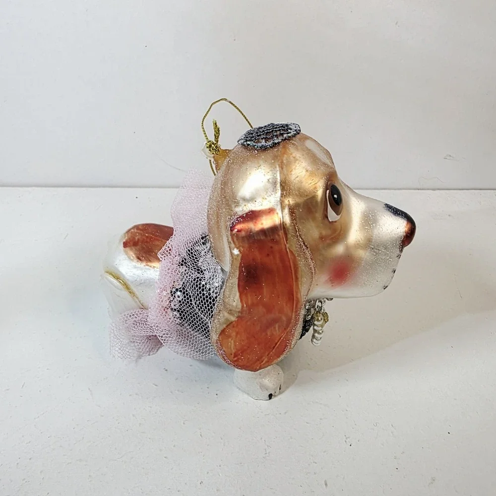 Blown Glass Hound Dog Dressed in Sequins Pink Skirt Glitter Christmas Ornament